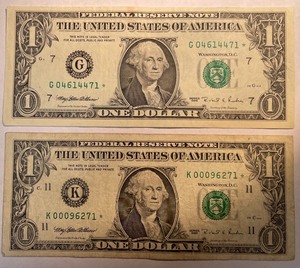 2 Different $1 Star Notes (G04614471, K00096271)