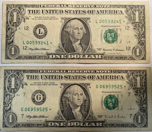 2 Different $1 Star Notes (G06959525, L00599241)