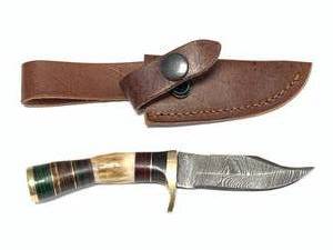 Custom Stag Antler Damascus Knife 8 inch with Leather Sheath