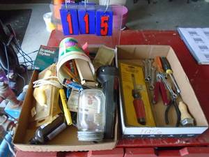 Qty of 2 flats misc wrenches, pliers, screwdrivers & glue gun. As shown.