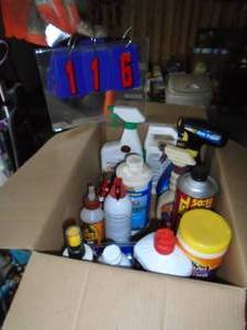 Box of auto chemicals. WD40, seafoam, etc. As shown.