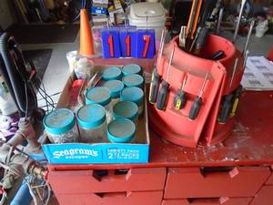 Flat of misc hardware & bucket of screwdrivers. As shown.