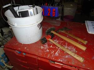 Bucket of hammers & hatchet. As shown.