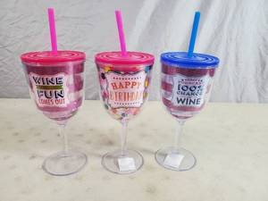 lot 198 image: 3 New Wine Glass Tumblers with Straws
