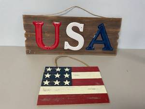 lot 69 image: Lot of 2 USA Flag Signs Decor