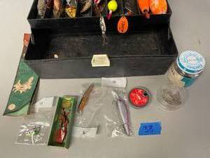 lot 38 image: Tackle Box with Vintage Fishing Lures Hooks and More