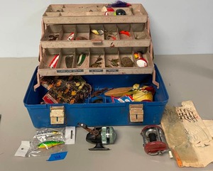lot 40 image: Tackle Box with Vintage Fishing Lures Hooks and Reel
