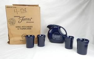 lot 99 image: Cobalt 60th Anniversary Disc Pitcher and Four Tumblers in Original Box