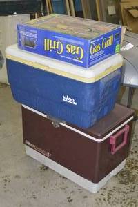 2 coolers and a table top grill