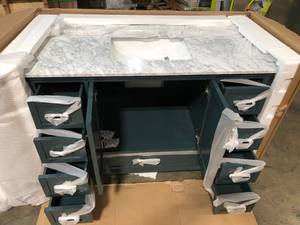 Merryfield 49 in. W x 22 in. D x 35 in. H Bathroom Vanity in Antigua Green with Carrara White Marble Top by Home Decorators Collection Customer Returns See Pictutures