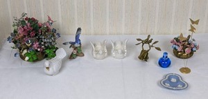 Assortment of Bird Figurines with Artificial Flower Baskets