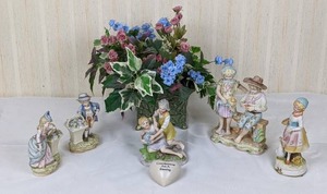 Collection of Vintage Candrea Japan Hand Painted Porcelain Figurines with Artificial Flowers
