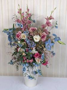 Artificial Floral Arrangement in Blue and Pink with White Glass Vase