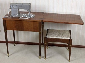 Vintage Singer Sewing Machine and Sewing Table with a Storage Stool