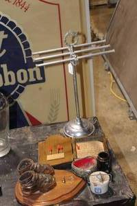 lot 1651 image: Miniature Dartboard, Towel Rack, Baby Shoes, Shot Glass, Cap Top Jar, Candy Dish