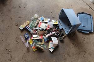 lot 1632 image: Covert 2 Pulley, Hooks, Hinges, Wing Nuts, Velcro Pads, Assorted Adhesives, Misc. Hardware (in tote)