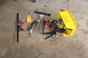lot 1732 image: Hand Tools - Level, Trowels, Caulk Gun, Torch Head, Sanding Discs, Misc. Tools