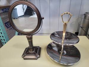 13 Standing Table Mirror and 11.25 Mid-Century-Modern Two-Tiered Stainless Steel and Brass Kromex Stand