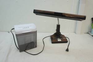 shredder and desk lamp