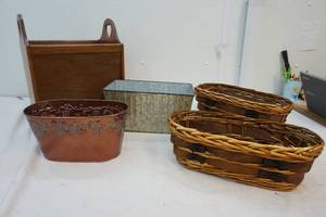 decorative tins and wicker baskets