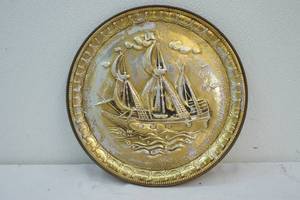 vintage sunshine bisquets embossed metal sailing ship wall medallion