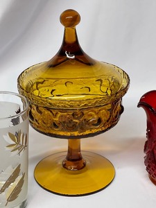 Vintage Glassware items including Amber Colored Lidded Candy Dish