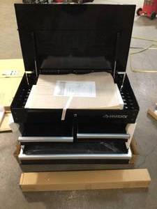 Husky 46 in. W x 24 in. D Standard Duty 9-Drawer Mobile Workbench Tool Chest with Solid Wood Top in Gloss Black (good condition) review all pictures