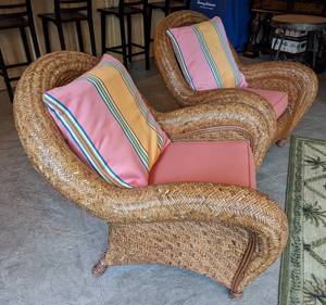 lot 125 image: Pair of Pottery Barn Malabar Rattan Armchairs