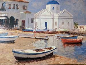lot 139 image: Framed Mykonos Painting (Print) by George Bates