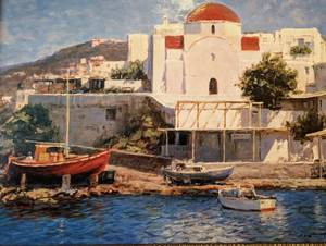 lot 140 image: Framed Mykonos Painting (Print) by George Bates