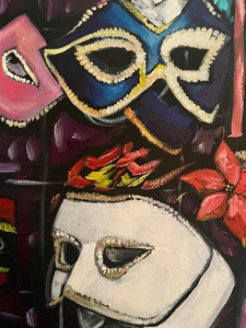 lot 202 image: Whimsical Mask Themed Art