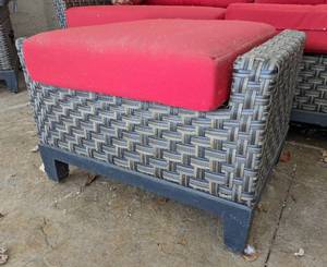 lot 240 image: Grey Rattan Outdoor Sofa and Ottoman