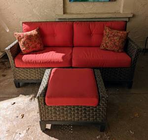 lot 242 image: Grey Rattan Outdoor Sofa and Ottoman