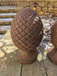 lot 251 image: Pair of Cast Iron Pine Cone Garden Decor Items