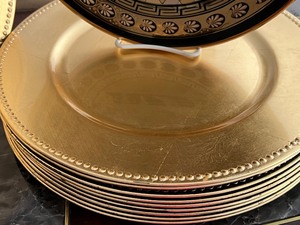 lot 342 image: (10) Gold Colored Chargers and Decorative Greek Plate