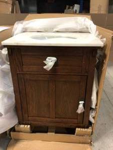 Home Decorators Collection Artisan 26 in. W Vanity in Dark Oak with Marble Vanity Top in Natural White with White Sink - good condition - review all pictures