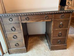 lot 2 image: Antique Wood Desk with Chair & Glass top.