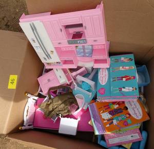 Big box of Barbie furniture in very good condition and misc other toys