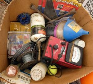 Box of misc garage items, fog lights, coolant tester, funnels, splashguards, wire connectors, meter