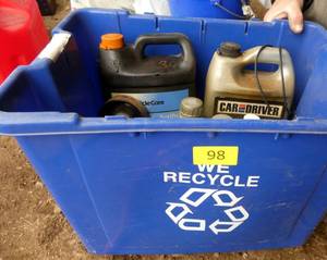 Tote of various garage chemicalsoils