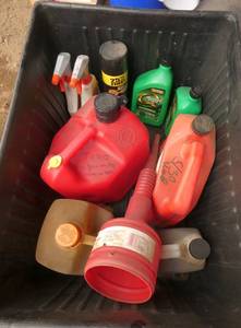 Tote of oil, Armor all, funnel, gas can etc