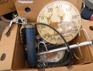 Box of 2 thermometers, grease gun, rubber binders