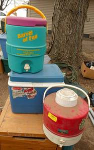 2 water coolers, igloo and thermos and a rubbermaid cooler