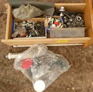 Box of misc hardware, lug nuts, reflectors