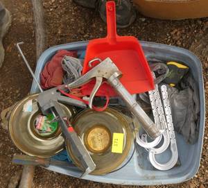 Lot of weed whip string, grease guns, hangers, measuring tape, etc