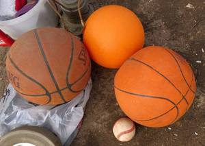 2 basketballs, kick ball, baseball