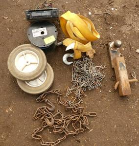 Chains, hitch, tow strap, wire, wheels, stereo