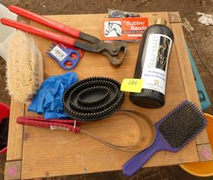 Horse grooming lot - combs, brushes, shampoo, cutter