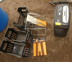 Paper shredder, 3 magazine organizer boxes, corner shelf and halloween suspenders