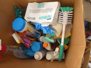 Box full of cleaning supplies
